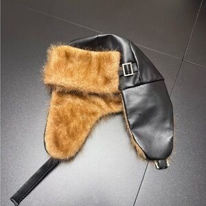 Black and Brown Fur-Lined Aviator Hat